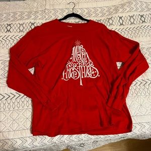 Ladies, long sleeve holiday T-shirt with Christmas graphic screen print on front